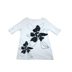 Chico's Top Womens 0 White Floral Print 3/4 Sleeve Tunic Cotton Jersey